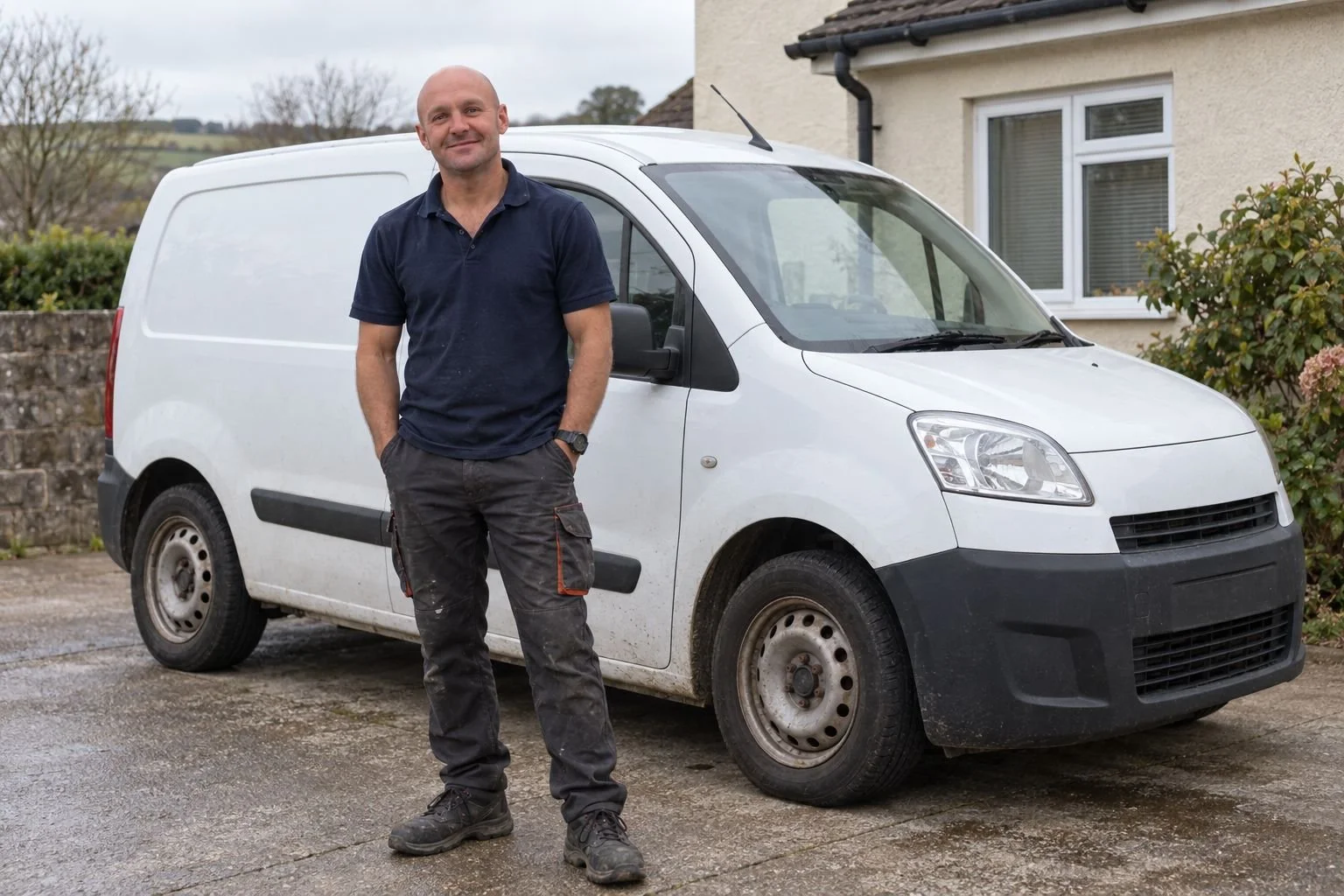 Robbie standing beside a small white work van