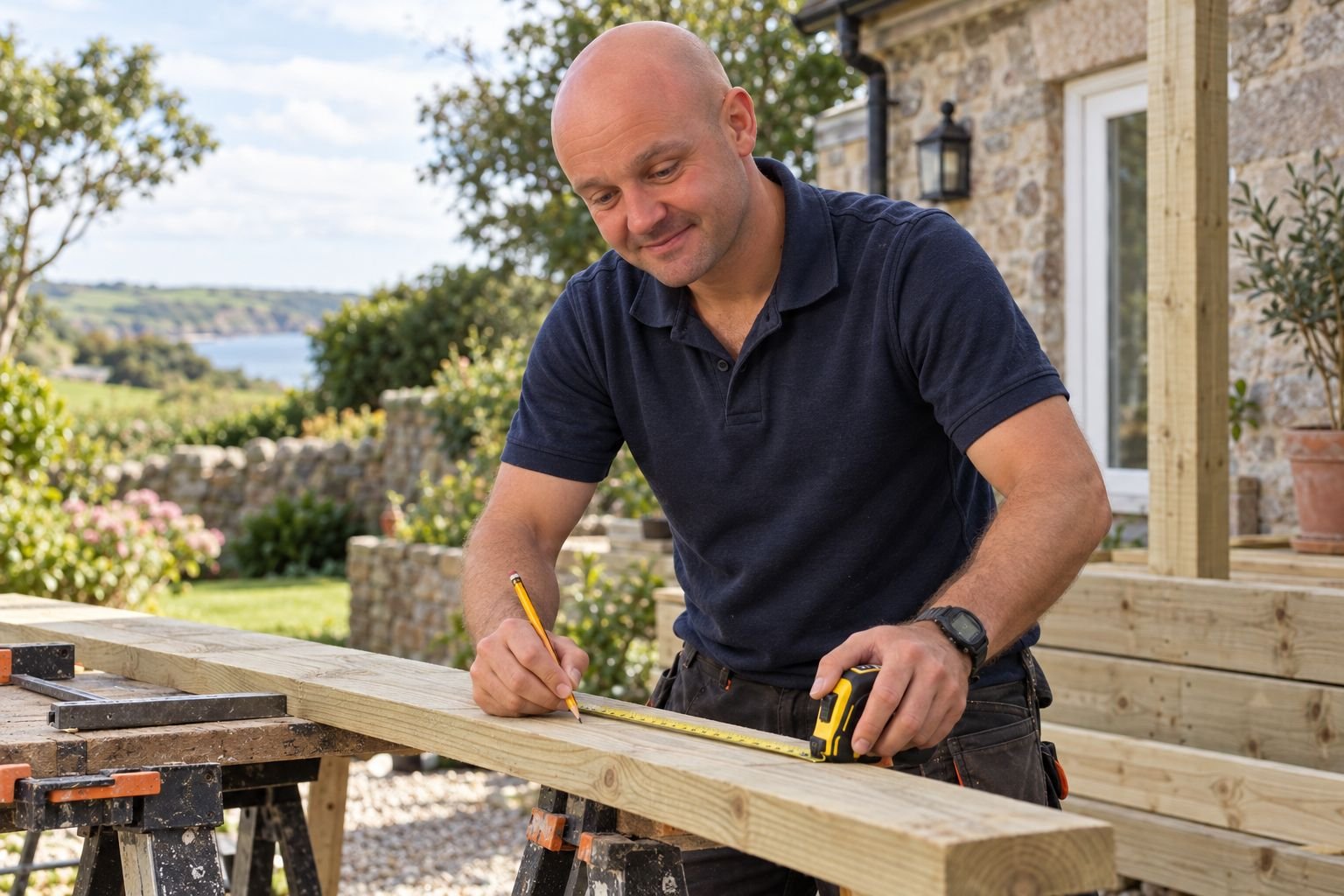 Robbie measuring timber outdoors