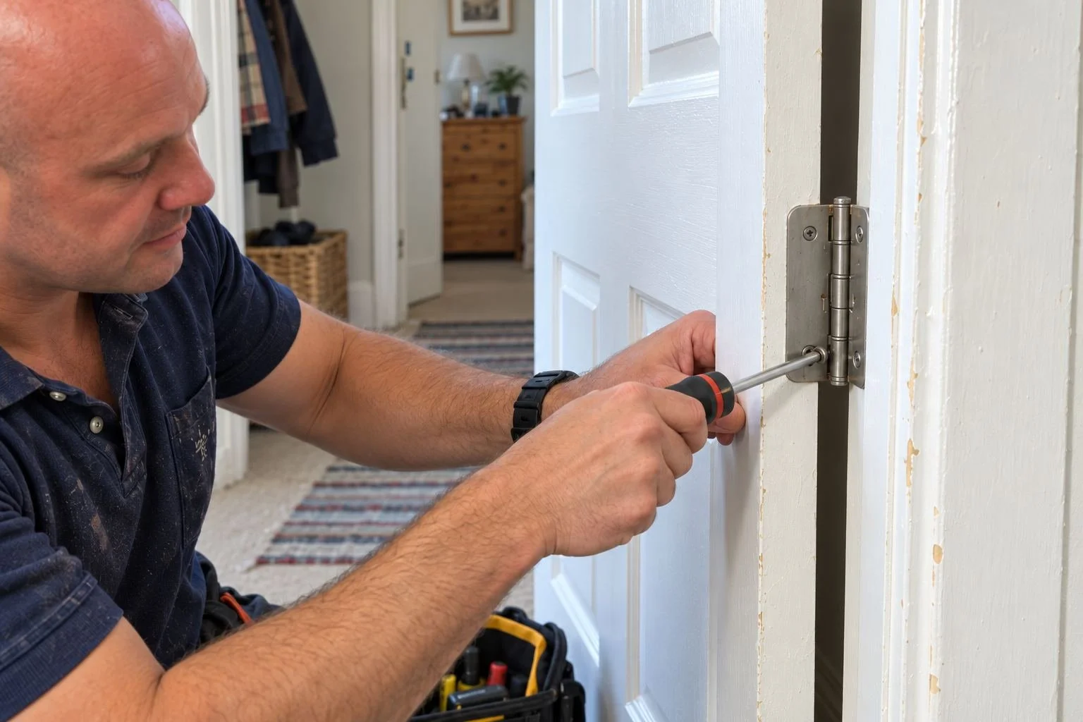 Detail of an interior door hinge being adjusted