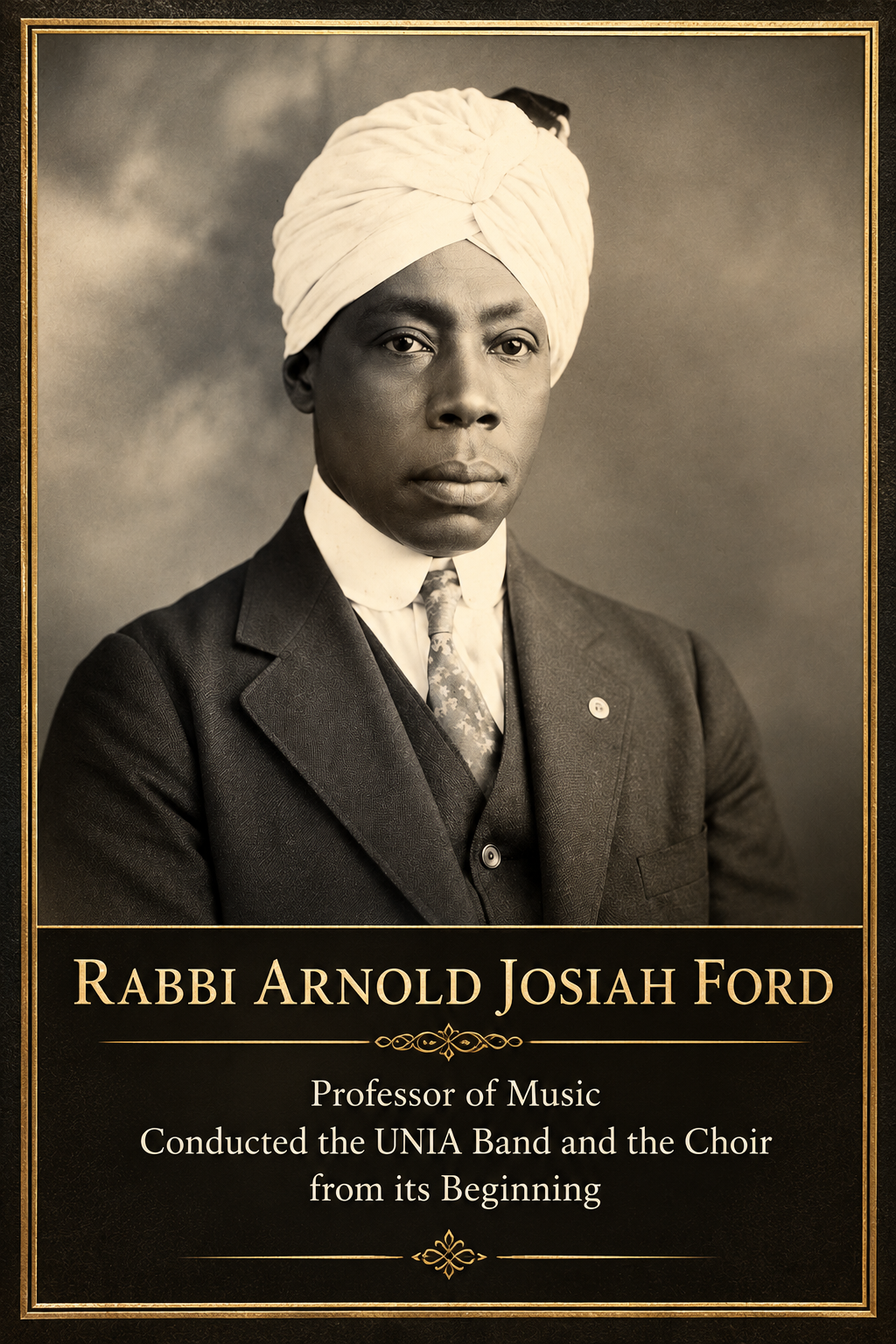 A black-and-white portrait of Rabbi Arnold Josiah Ford, wearing a turban, a suit, and a tie, with a serious expression.