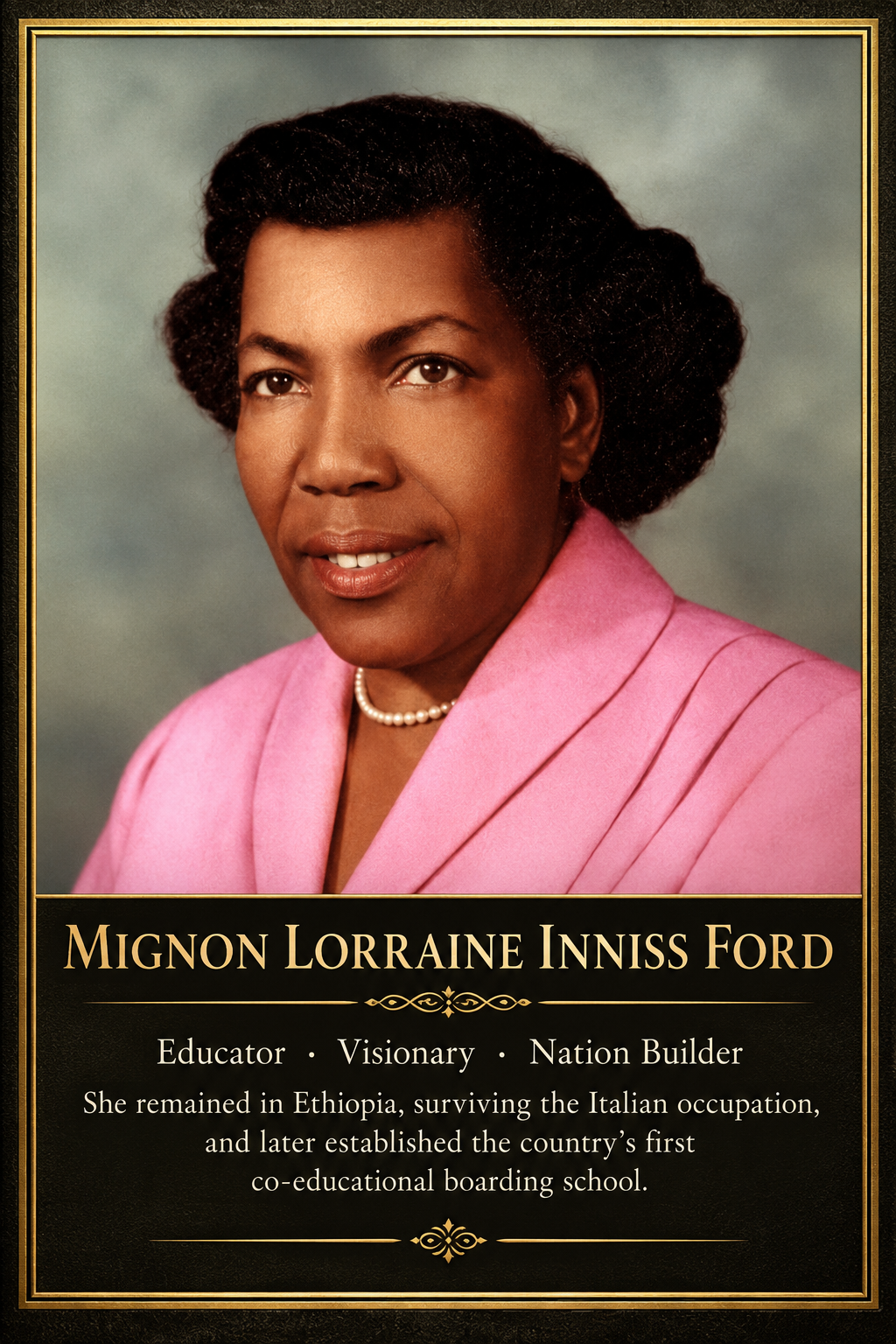 A portrait of Mignon Lorraine Inniss Ford, an African American woman with short, styled hair, wearing a pink blazer and a pearl necklace, against a neutral background.