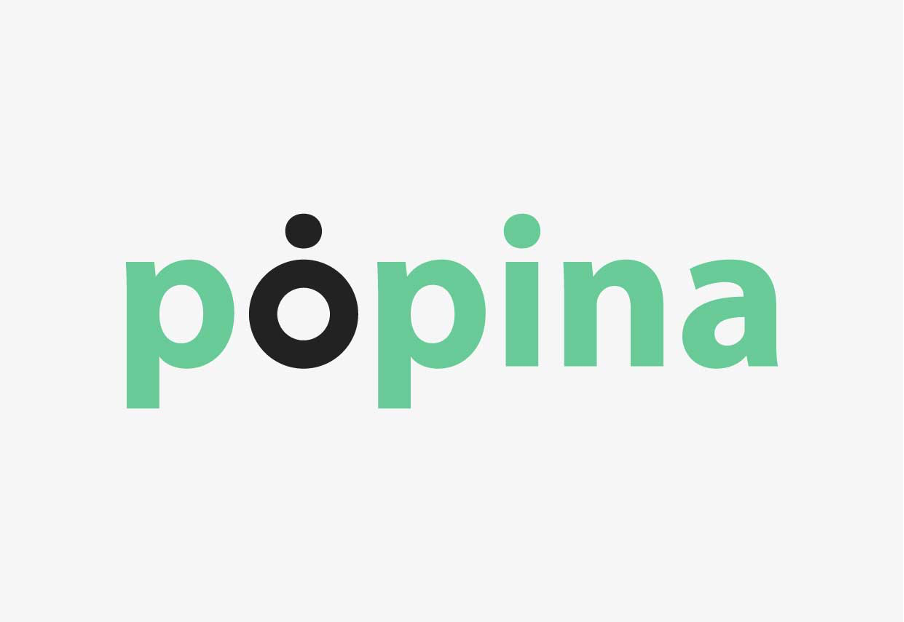 Logiciel caisse  'POPINA' écrit en lettres vertes avec le point sur le i en noir, sur fond blanc.