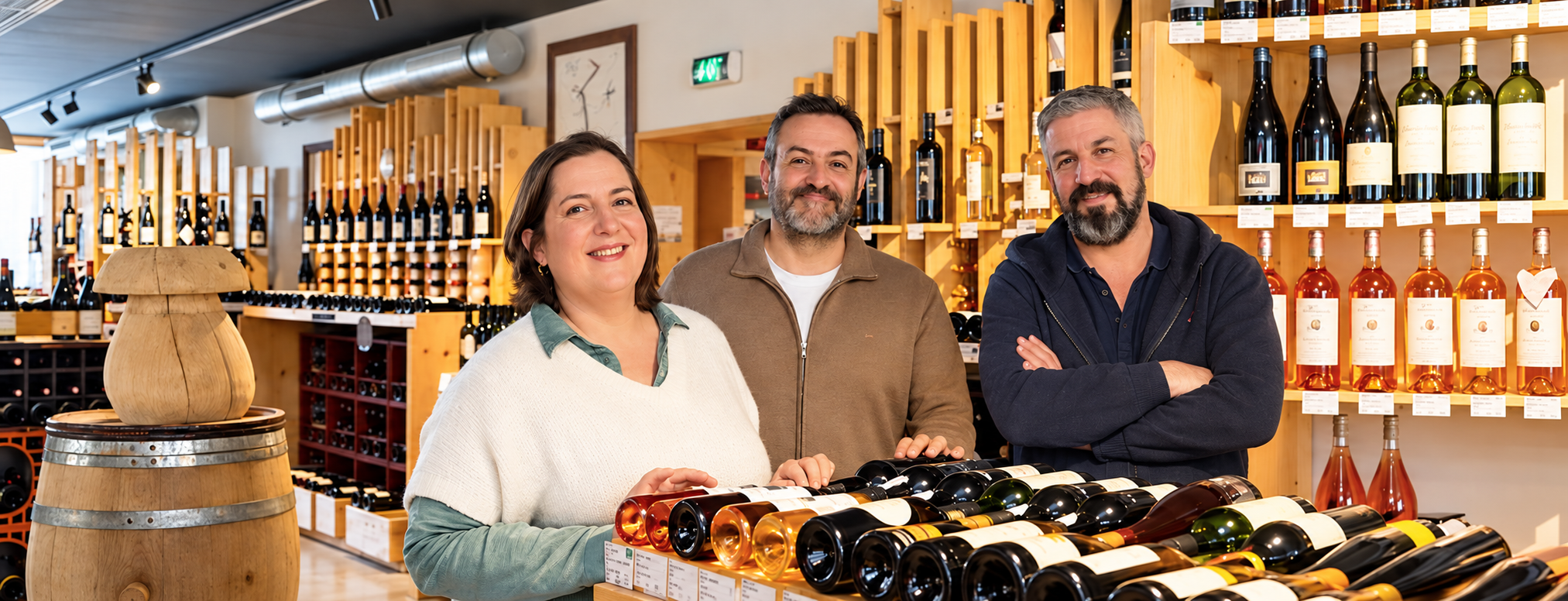 Famille Marcon souriantes dans leur cave à vins, entourées de bouteilles de vin sur des étagères en bois.