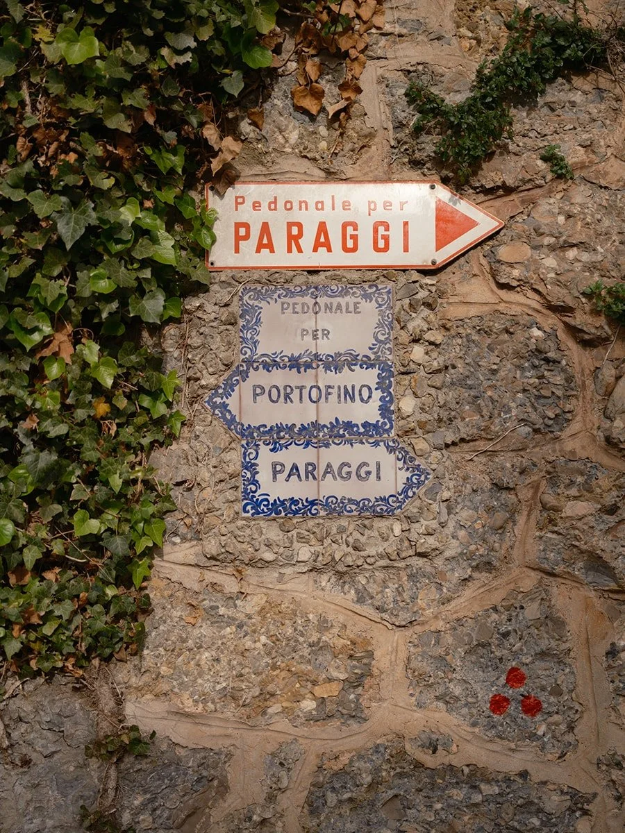 Multiple signs with directions in Italian on stone wall, surrounded by green ivy and small plants. The top sign directs pedestrians to 'Paraggi,' pointing right. The middle sign, designed with blue decorative borders, points left to 'Portofino' and right to 'Paraggi.'