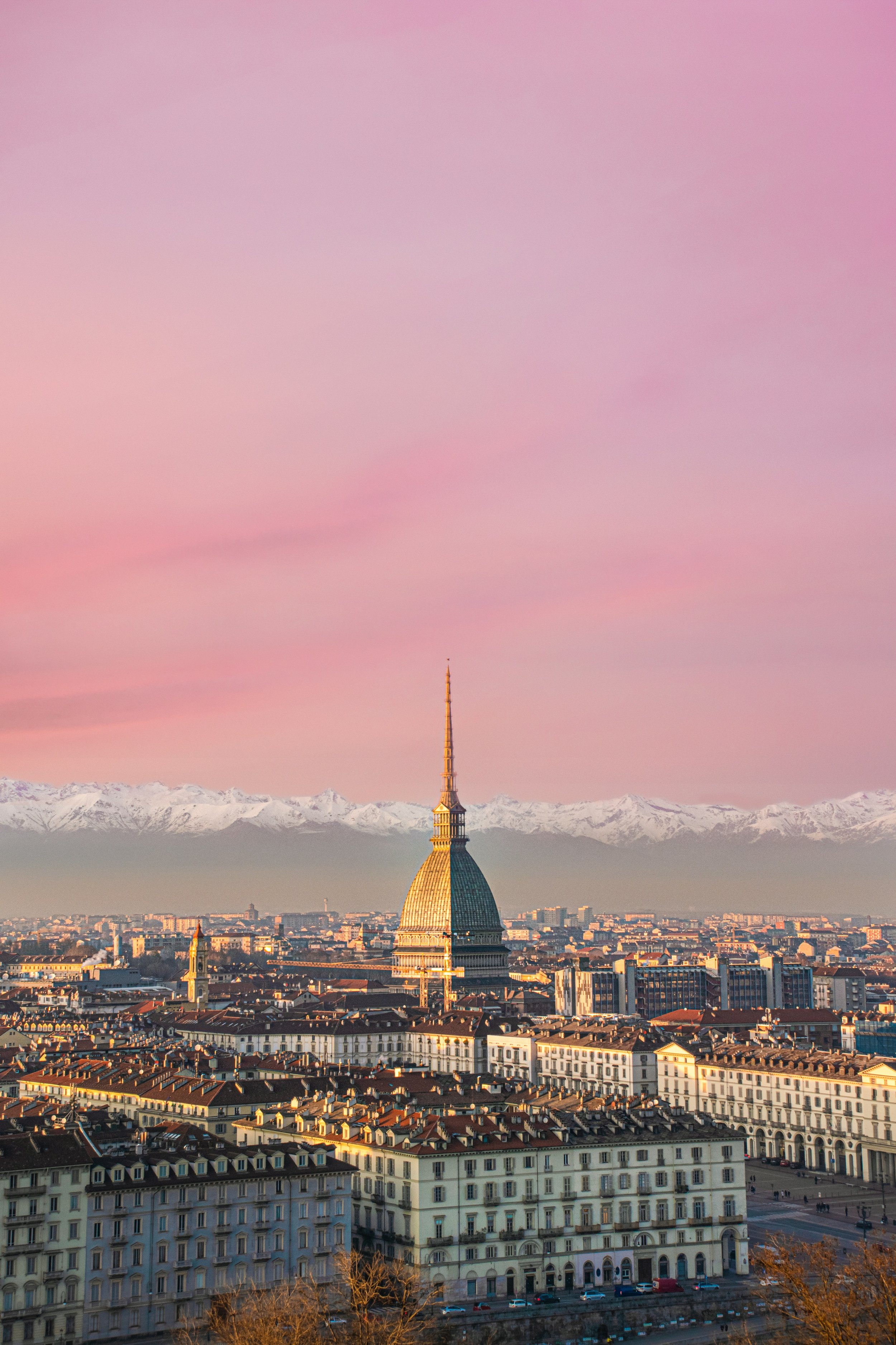 A cityscape with the Mole Antonelliana tower in the foreground, surrounded by historical buildings and snow-capped mountains in the background under a pink and purple sky.
