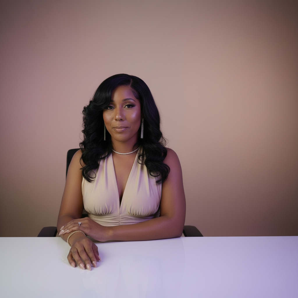 Jenn, founder of Wealth & Wisdom, a book publishing and author branding business, seated for a professional portrait against a muted mauve studio background.
