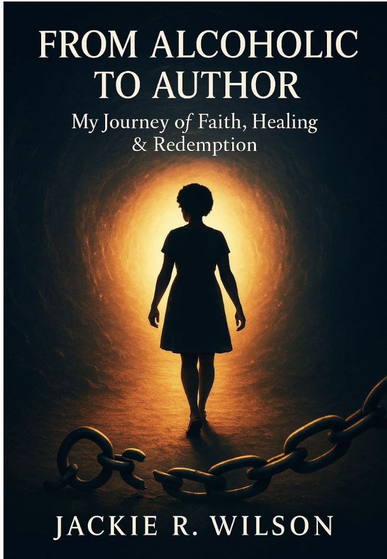 Book cover titled 'From Alcoholic to Author: My Journey of Faith, Healing & Redemption' featuring a silhouette of a woman walking toward a bright light, with a broken chain in the foreground.