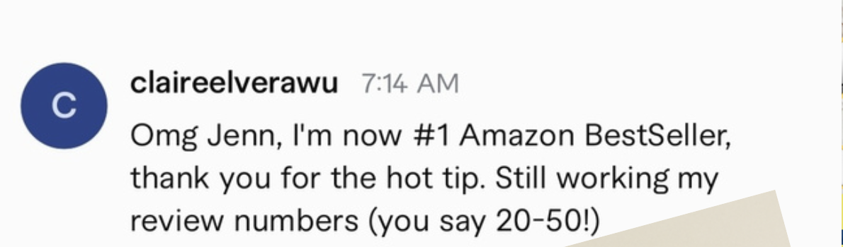 Screenshot of a text message sharing excitement about becoming Amazon's #1 BestSeller and working on review numbers.