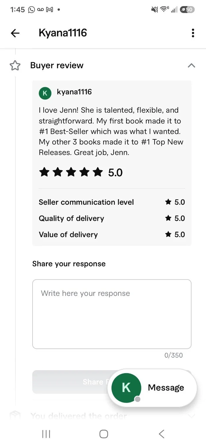 Verified five-star Fiverr review praising Jenn's publishing services after a four-book project achieved one Amazon number one bestseller and three number one Top New Releases.