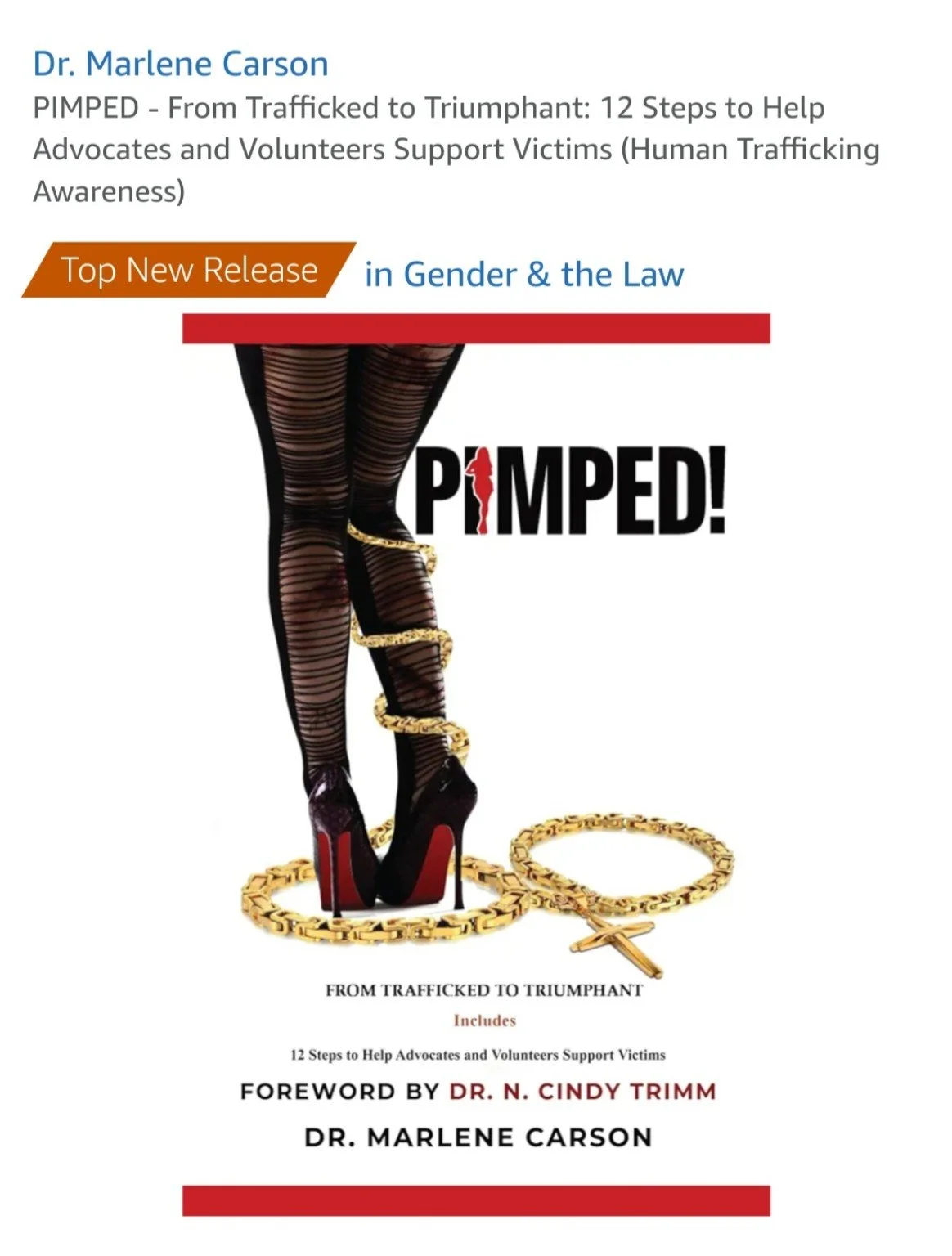Amazon listing for PIMPED! From Trafficked to Triumphant, showing Top New Release recognition in Gender and the Law.
