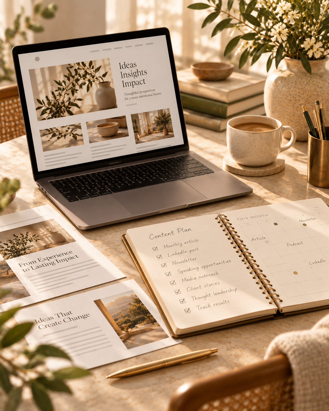 Laptop displaying a website beside an open content planner, printed documents, coffee, and flowers on a publishing strategy workspace.