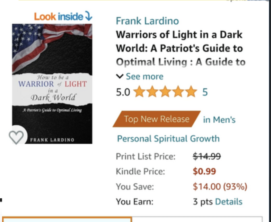 Amazon listing for Warriors of Light in a Dark World, showing five-star customer reviews and Top New Release recognition in Men's Personal Spiritual Growth.