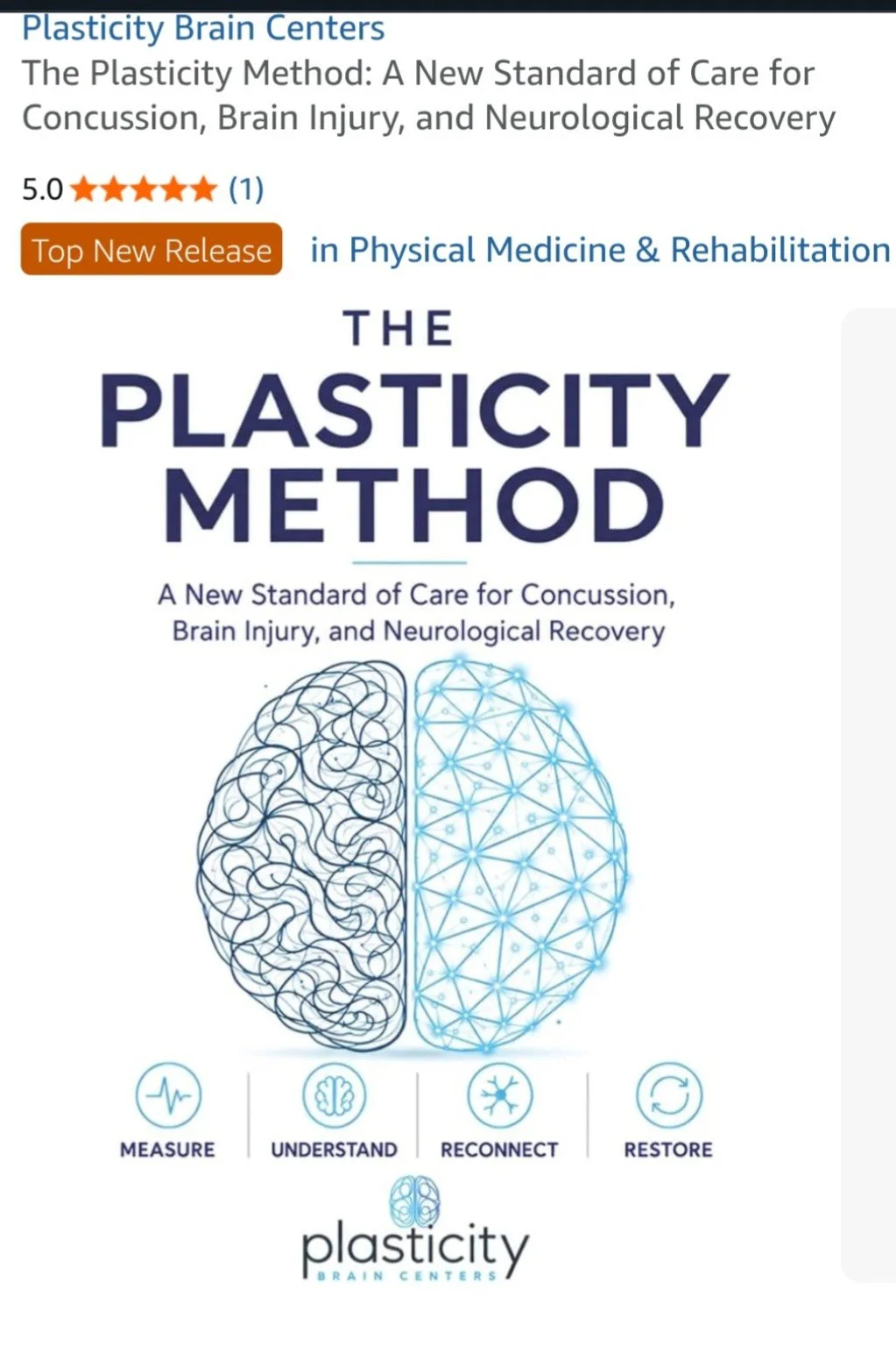 Amazon listing for The Plasticity Method by Plasticity Brain Centers, showing Top New Release recognition in Physical Medicine and Rehabilitation.