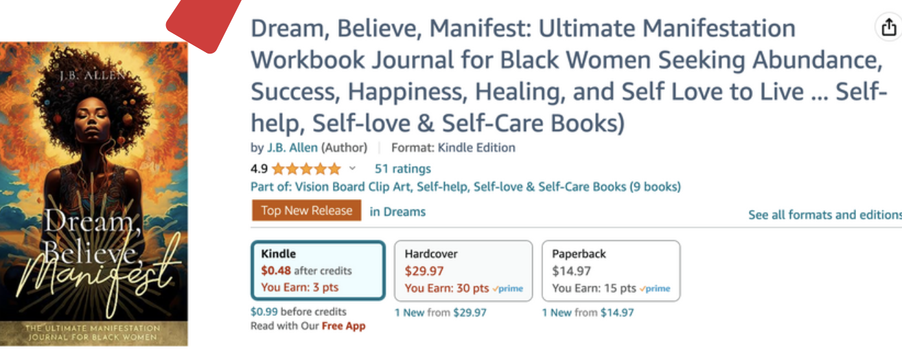 Amazon listing for Dream, Believe, Manifest by J.B. Allen, showing Top New Release recognition in Dreams and customer ratings.