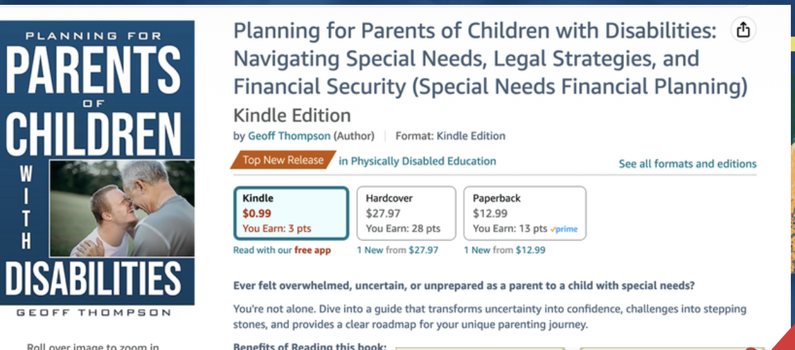 Amazon listing for Planning for Parents of Children with Disabilities, showing Top New Release recognition in Physically Disabled Education.