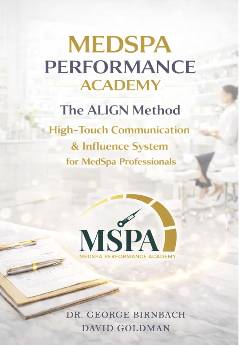 Book cover titled 'MedSpa Performance Academy' by Dr. George Birnbach and David Goldman, featuring a background of a medical spa with a blurred figure and a table with documents and pens.