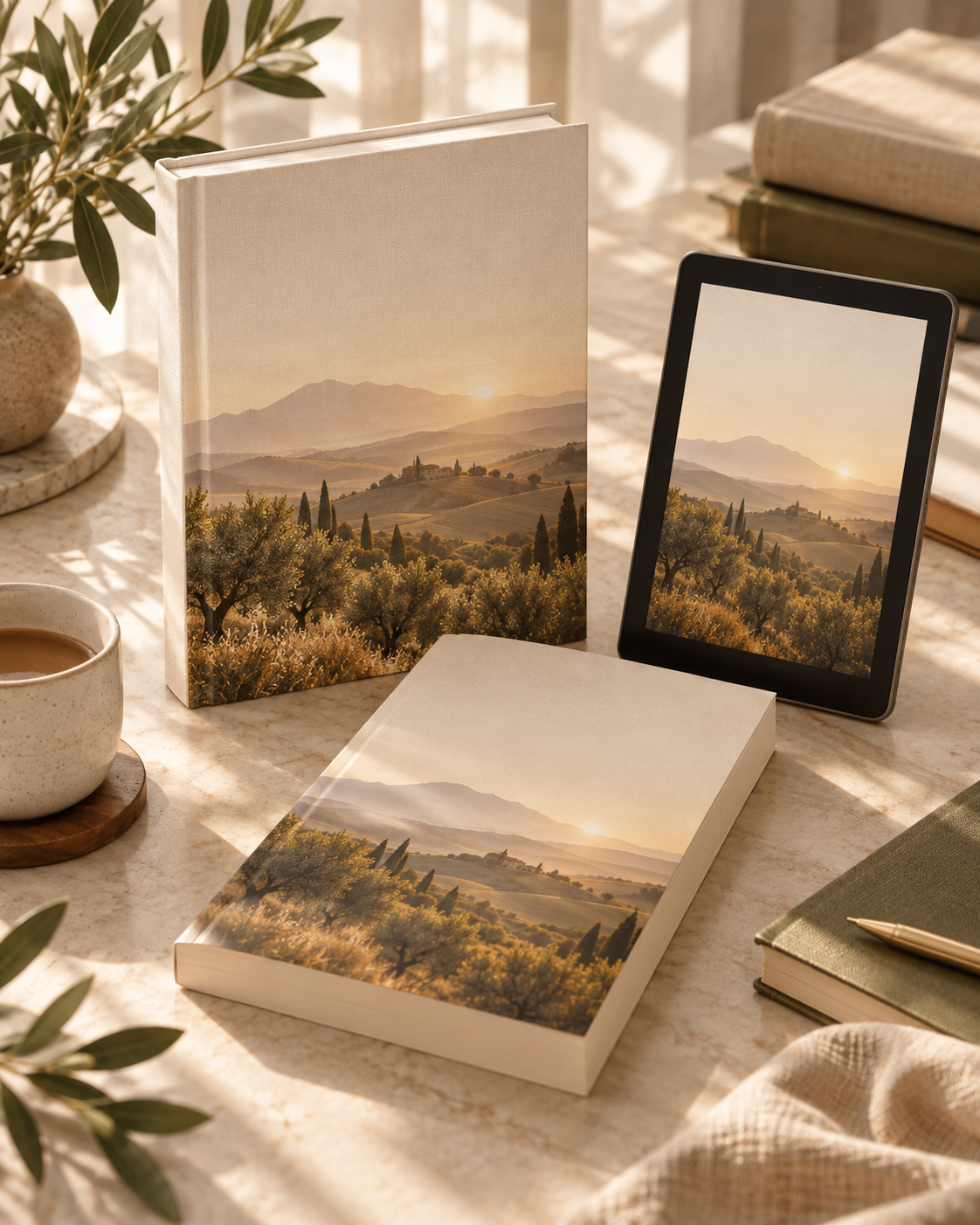Professionally produced hardcover and paperback books displayed beside an e-reader, illustrating print and digital book publishing.