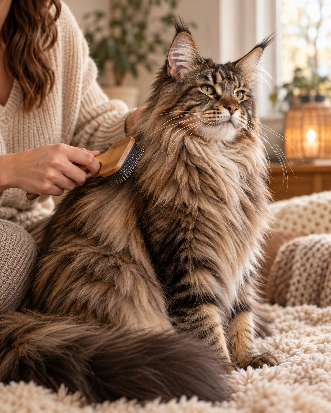 AI-generated image of a brown tabby Maine Coon with a long, fluffy coat and tufted ears being gently brushed by a person at home.