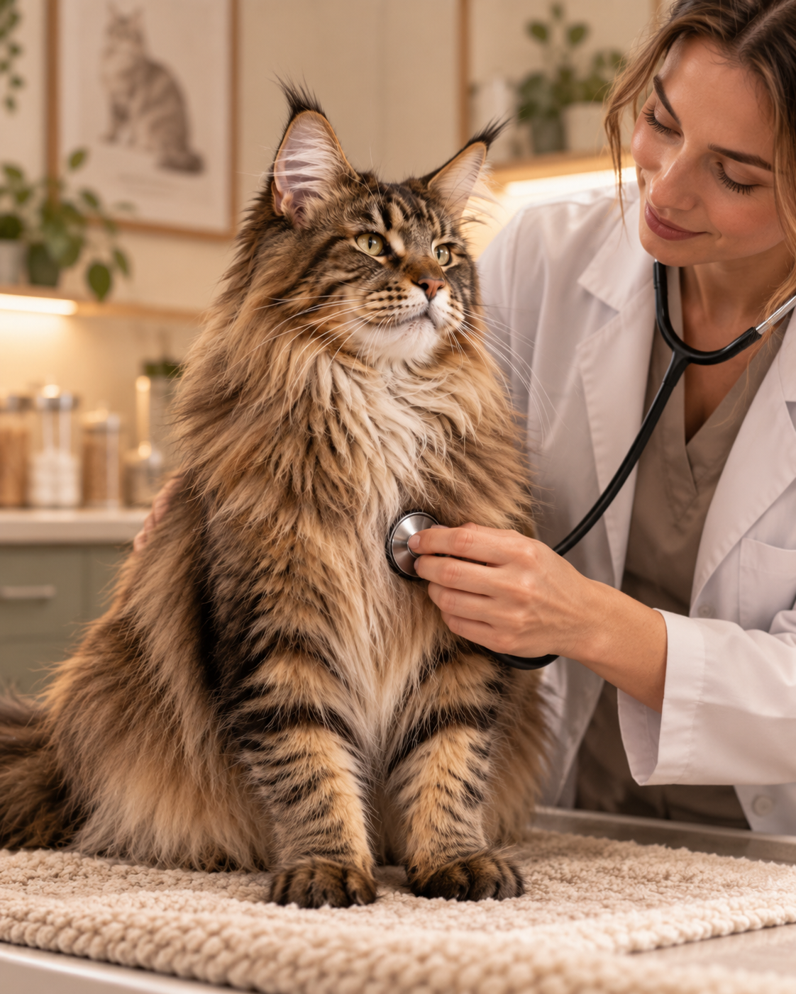 AI-generated image of a veterinarian using a stethoscope to examine a fluffy brown tabby Maine Coon during a routine veterinary visit.