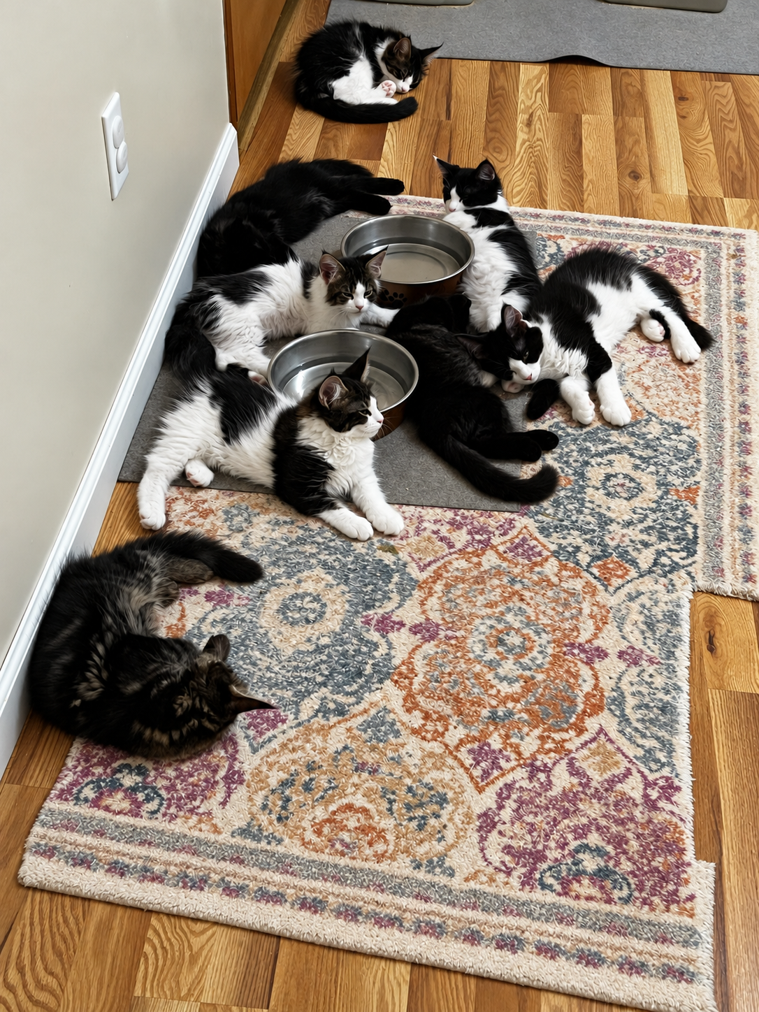 A group of Maine Coon cats and kittens with black, white, and tabby coats gathered around stainless steel water bowls on a patterned rug.