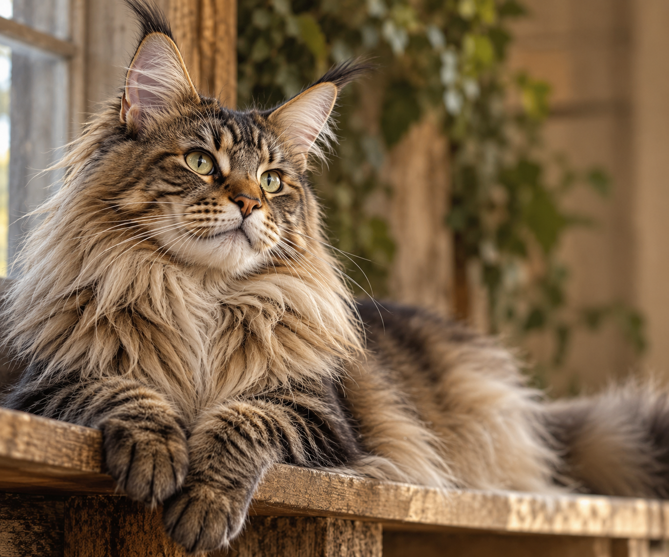 AI-generated portrait of a brown tabby Maine Coon with dark stripes, golden eyes, tufted ears, and a thick cream-colored ruff, lounging on a wooden ledge.