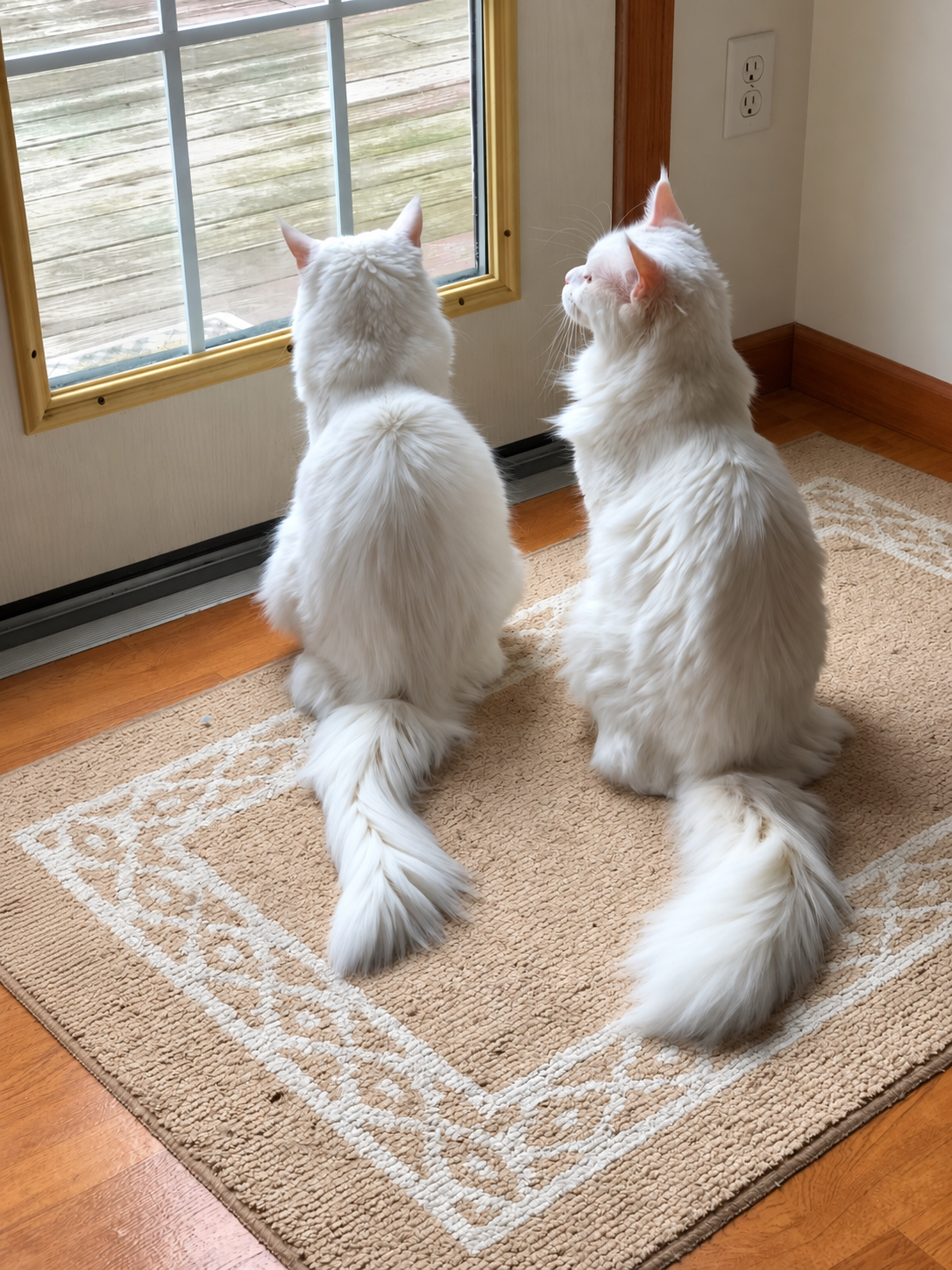 Pink and Elsa, mother and daughter, two white Maine Coons with long fluffy coats and full plumed tails, sitting side by side on a rug and looking out a glass door.