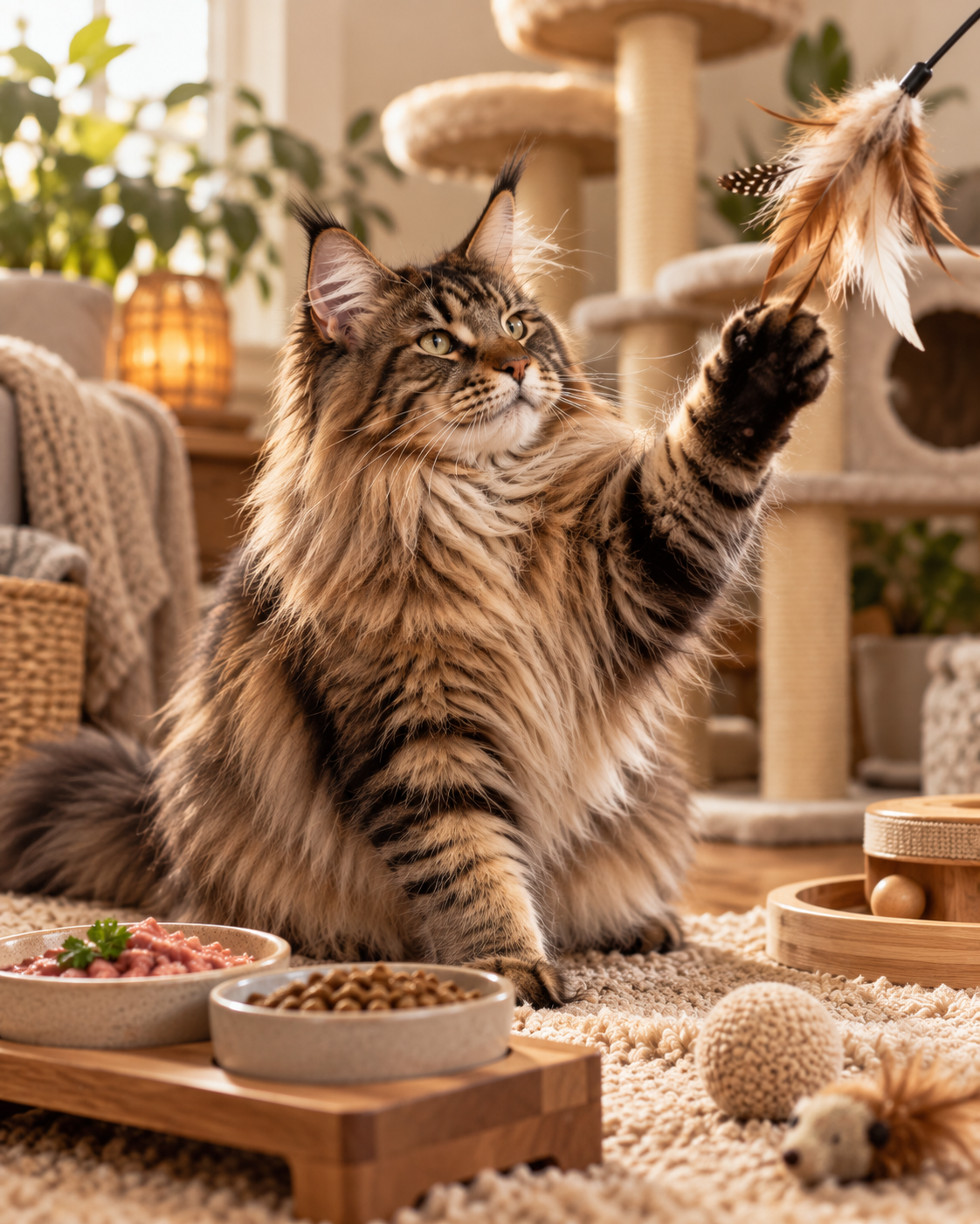 AI-generated image of a fluffy brown tabby Maine Coon reaching toward a feather toy, with food bowls, cat toys, and a climbing tree nearby.