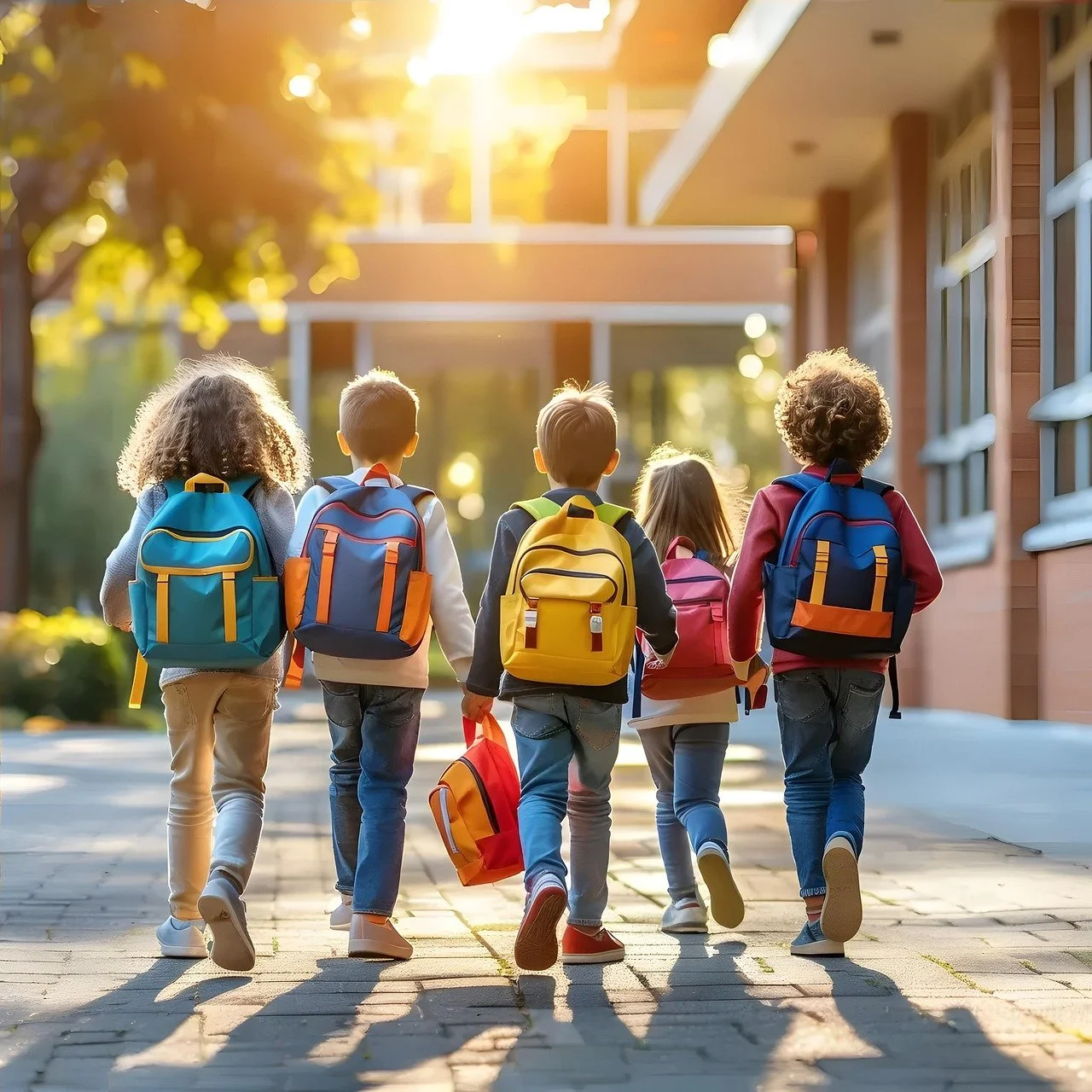 Fünf Kinder mit Schulranzen gehen auf einem Gehweg in Richtung Schule bei Sonnenuntergang.