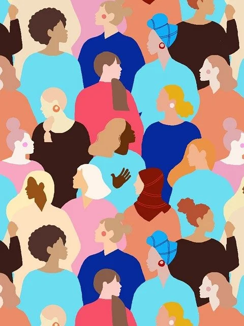 Illustration einer Gruppe diverser Menschen unterschiedlicher Hautfarben, Frisuren und Kleidung.