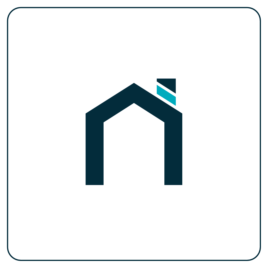 Logo with a black house outline and a small chimney on top, featuring a blue and black striped design.