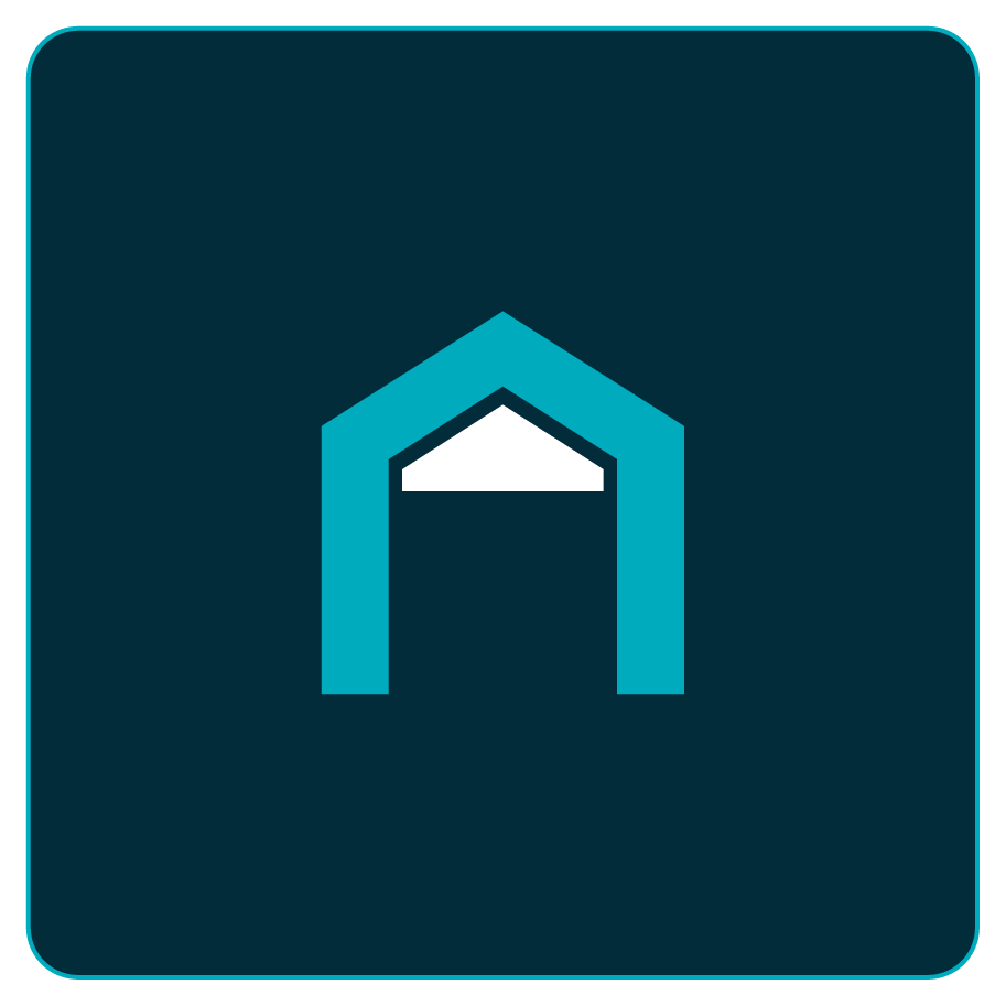 Icon of a house with a blue outline, pointing upward, on a dark blue background.