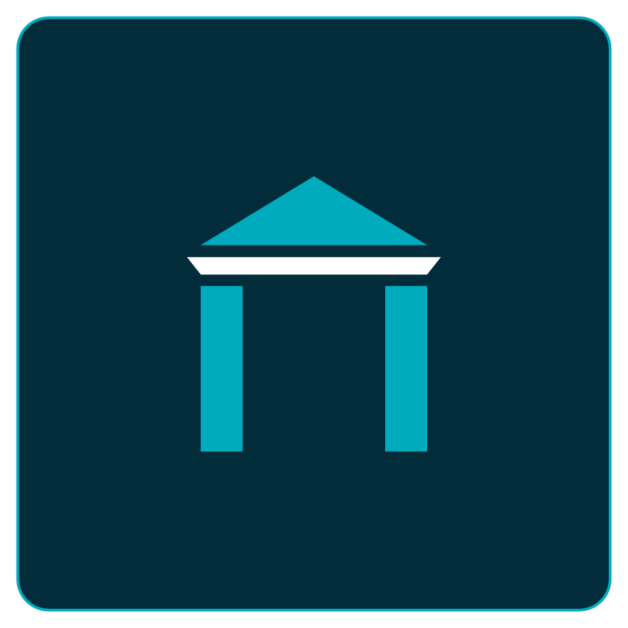 Icon of a building with columns and a triangular roof, representing a bank or government institution.