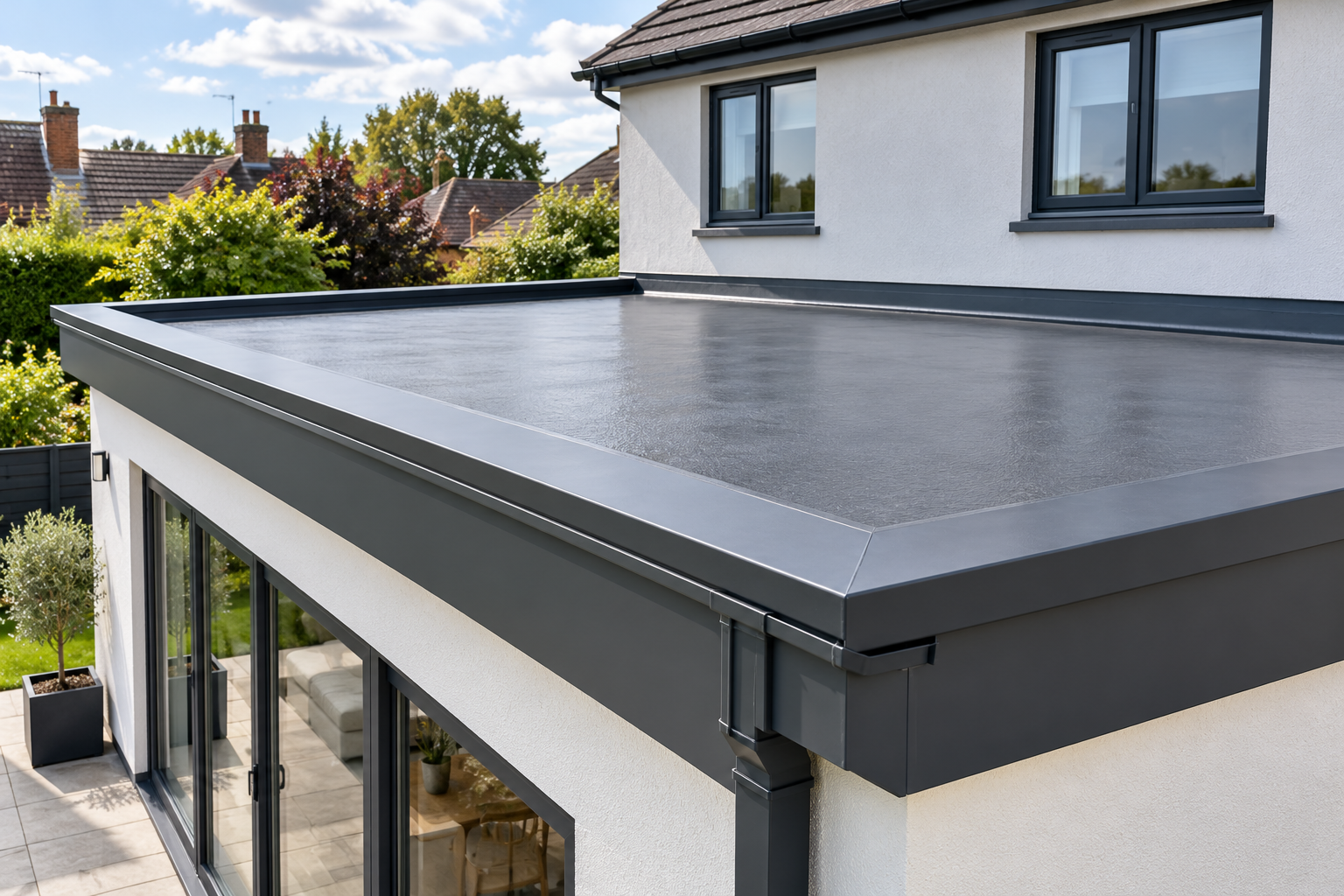 Modern flat roof with black standing seam metal roofing on a white house, view from above during daytime.