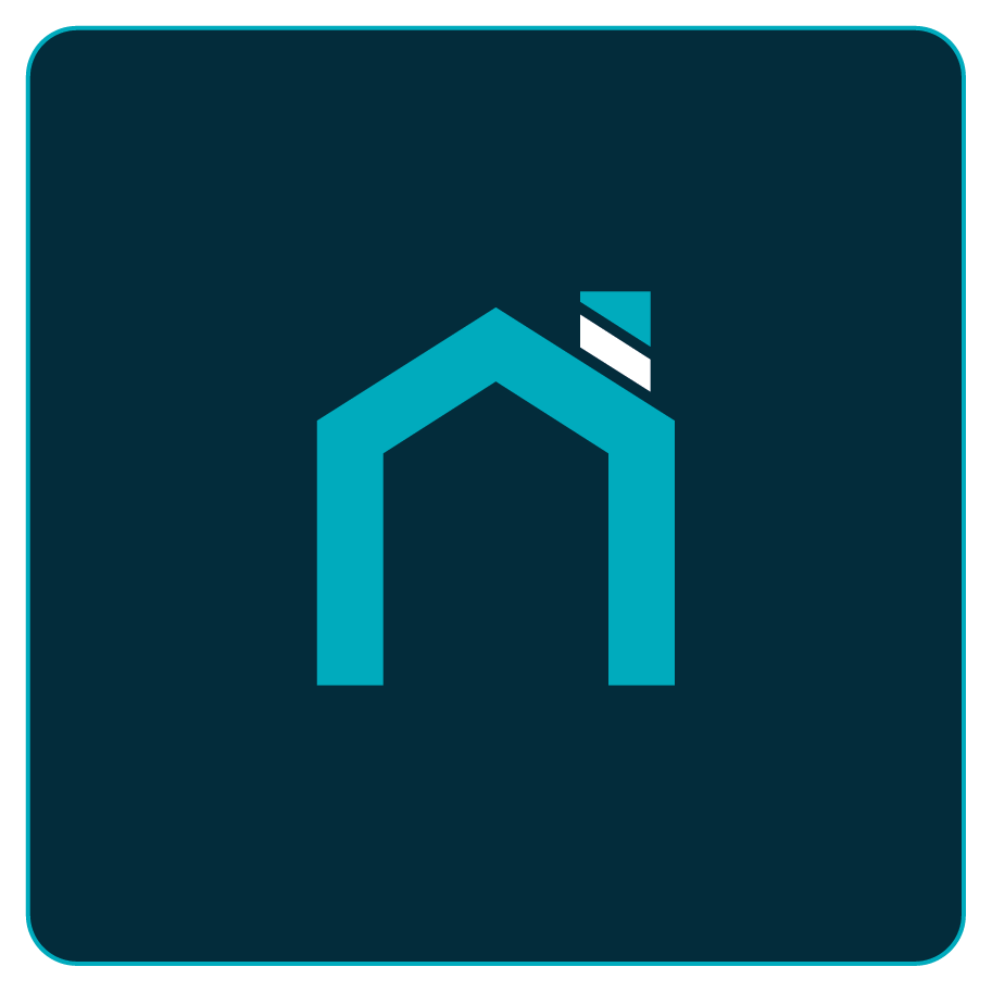 Icon of a house with a chimney on a dark blue background, enclosed in a rounded square with a blue outline. Representing lead work.