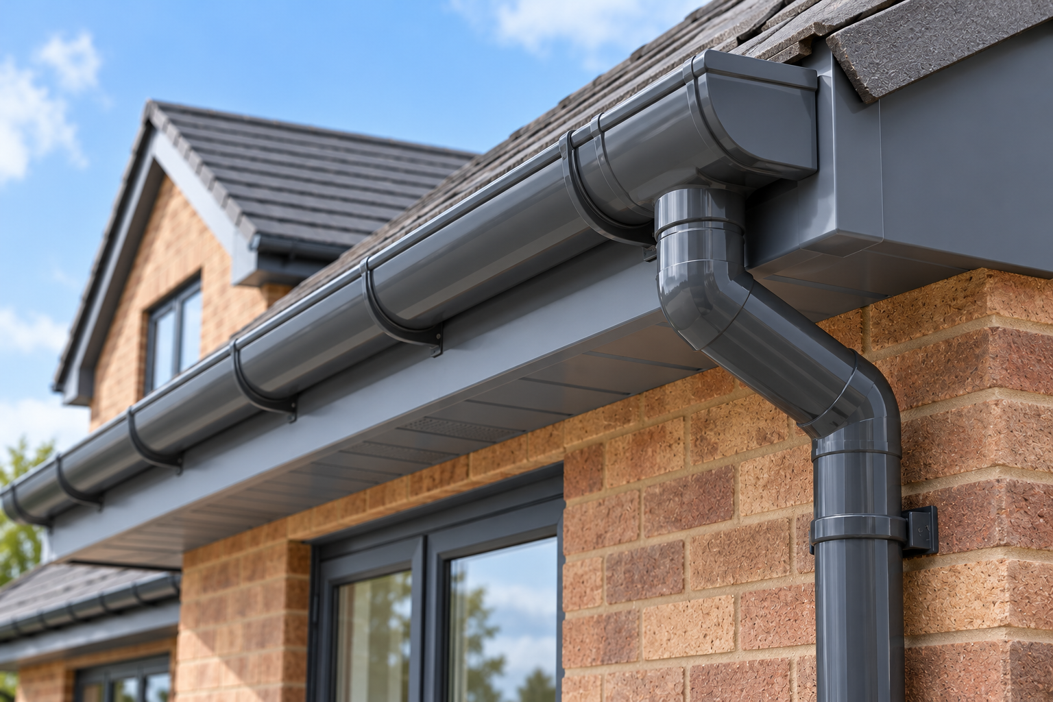 Close-up of a modern gray gutter and downspout system installed on a brick house.