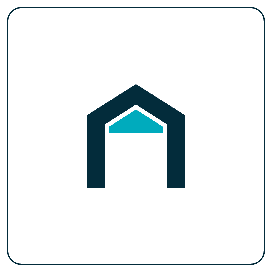 A shield-like logo with a dark blue outline and a light blue interior, resembling a stylized house or building.