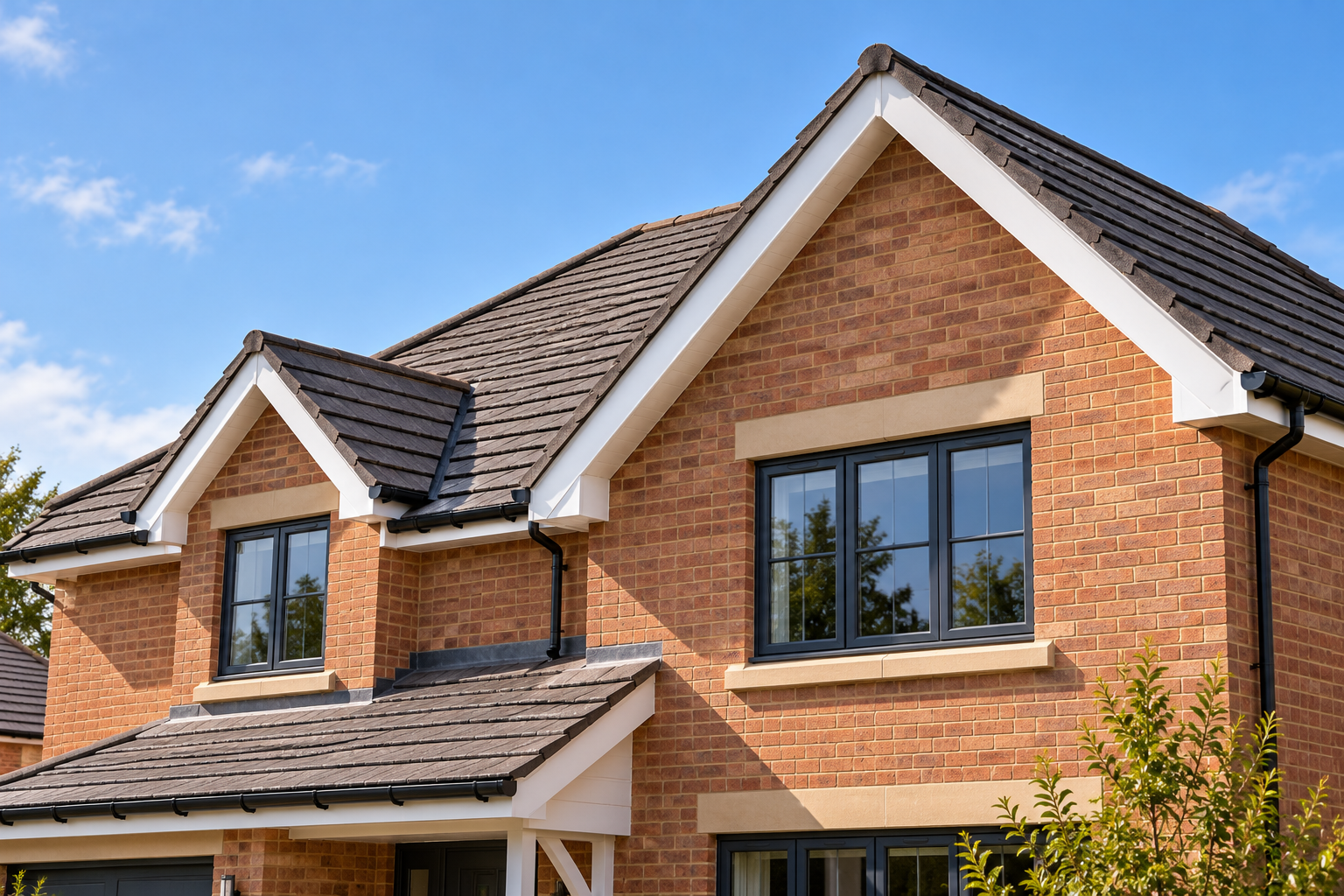 Front view of a two-story brick house with black window frames, pitched roof, and white trim, against a blue sky.