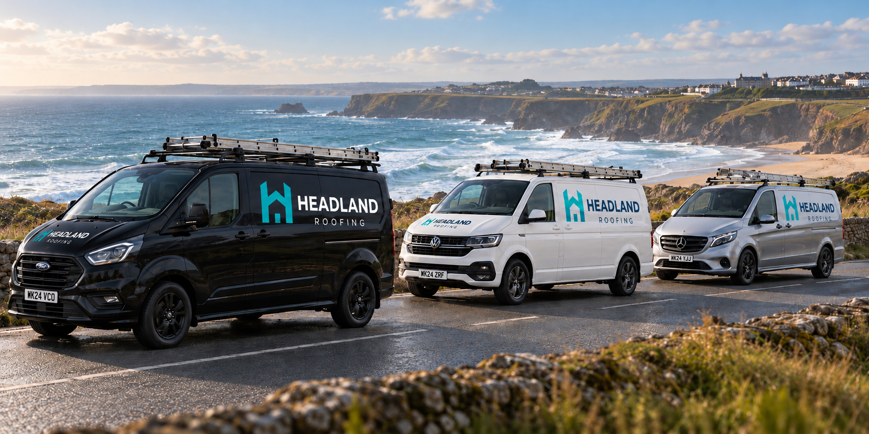 Three company vans parked along a coastal road with the ocean and cliffs in the background. The vans are branded with the 'Headland Roofing' logo, with one black, one white, and one silver.