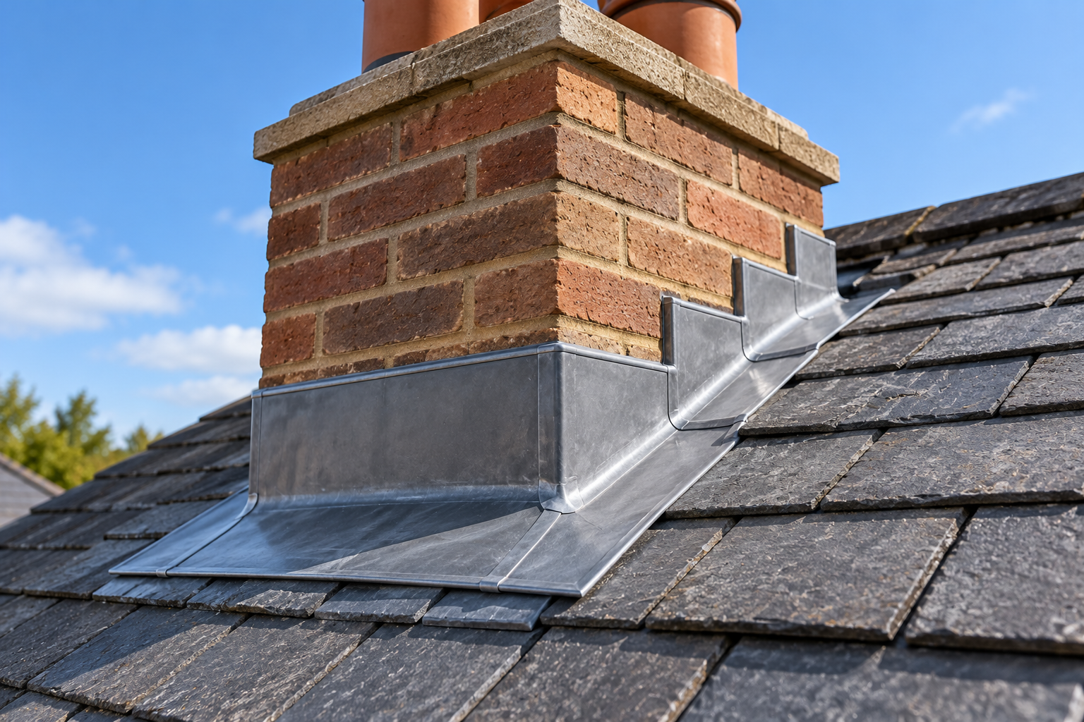 Close-up of a chimney on a shingled roof, with metal flashing around the base of the chimney.