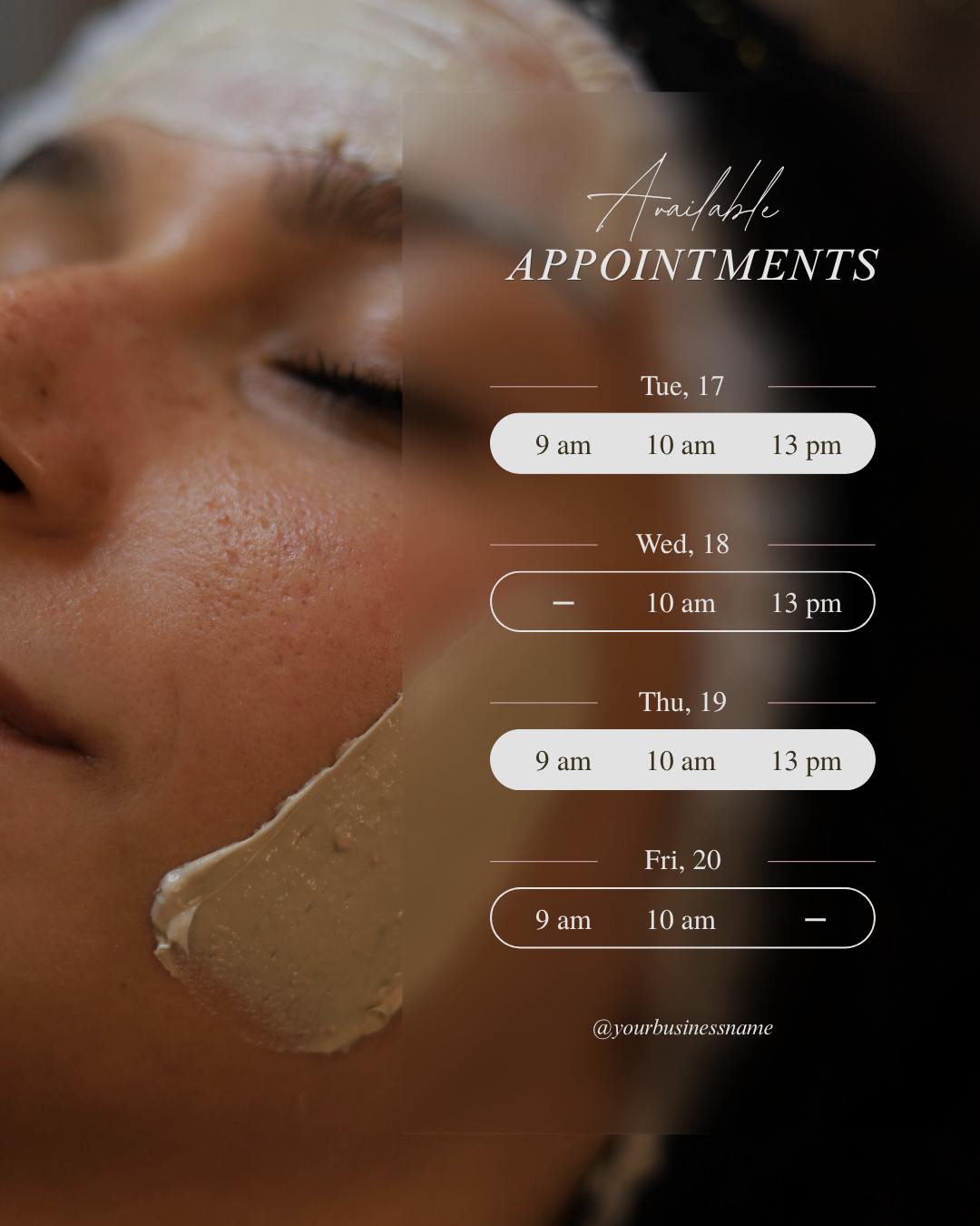 Skincare appointment availability calendar over a close-up facial treatment image, listing times Tuesday through Friday.