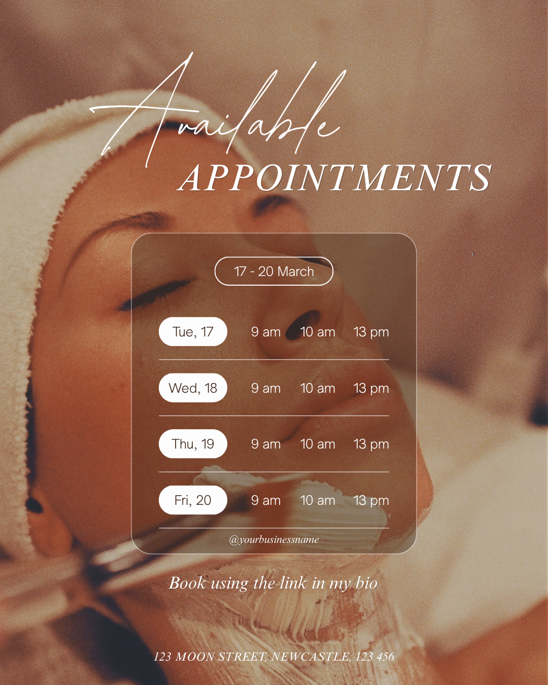 Skincare appointment schedule graphic with a woman receiving a facial, available March 17–20 at 9 a.m., 10 a.m., and 1 p.m.