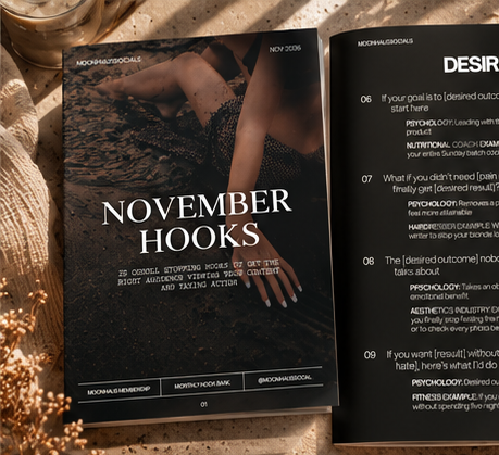 Open November Hooks marketing workbook on a textured desk, featuring a dark fashion photo cover and an adjacent page with numbered desire-writing prompts.