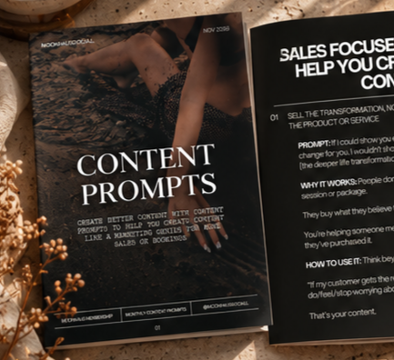 Open marketing workbook featuring a page titled “Content Prompts” beside a page about sales-focused content.