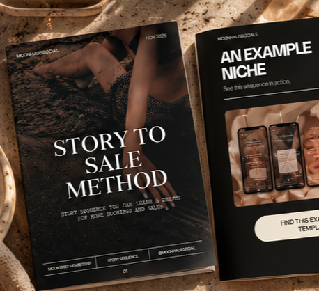 Open marketing guidebooks titled “Story to Sale Method” and “An Example Niche” on a marble surface