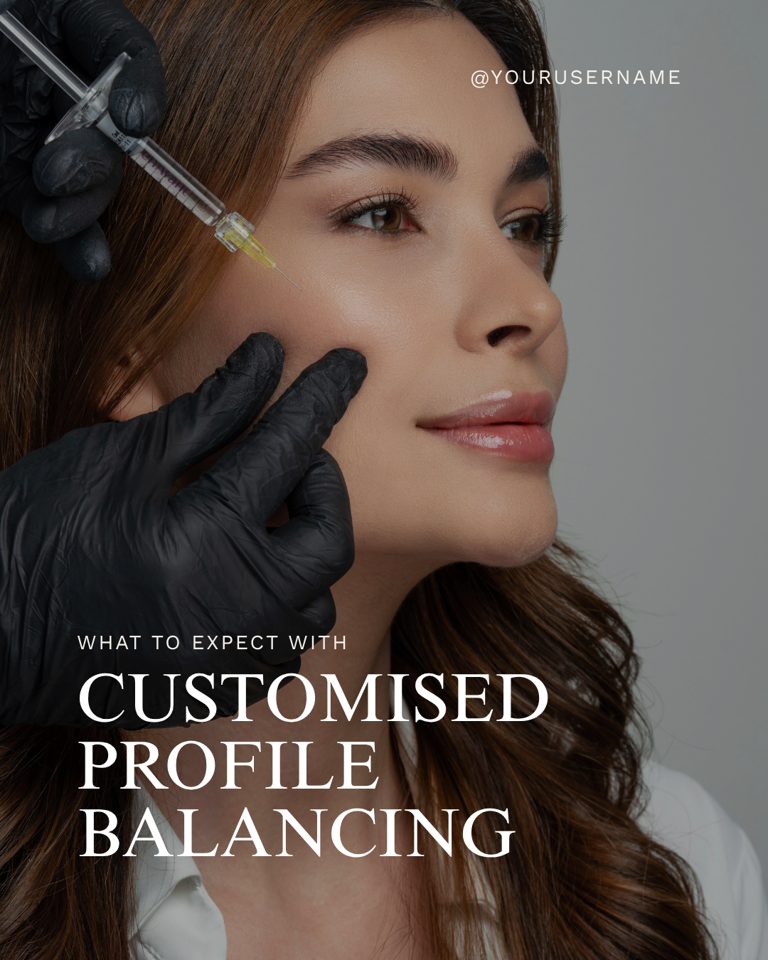 Close-up of a woman receiving customized profile balancing facial filler injections from a practitioner wearing black gloves