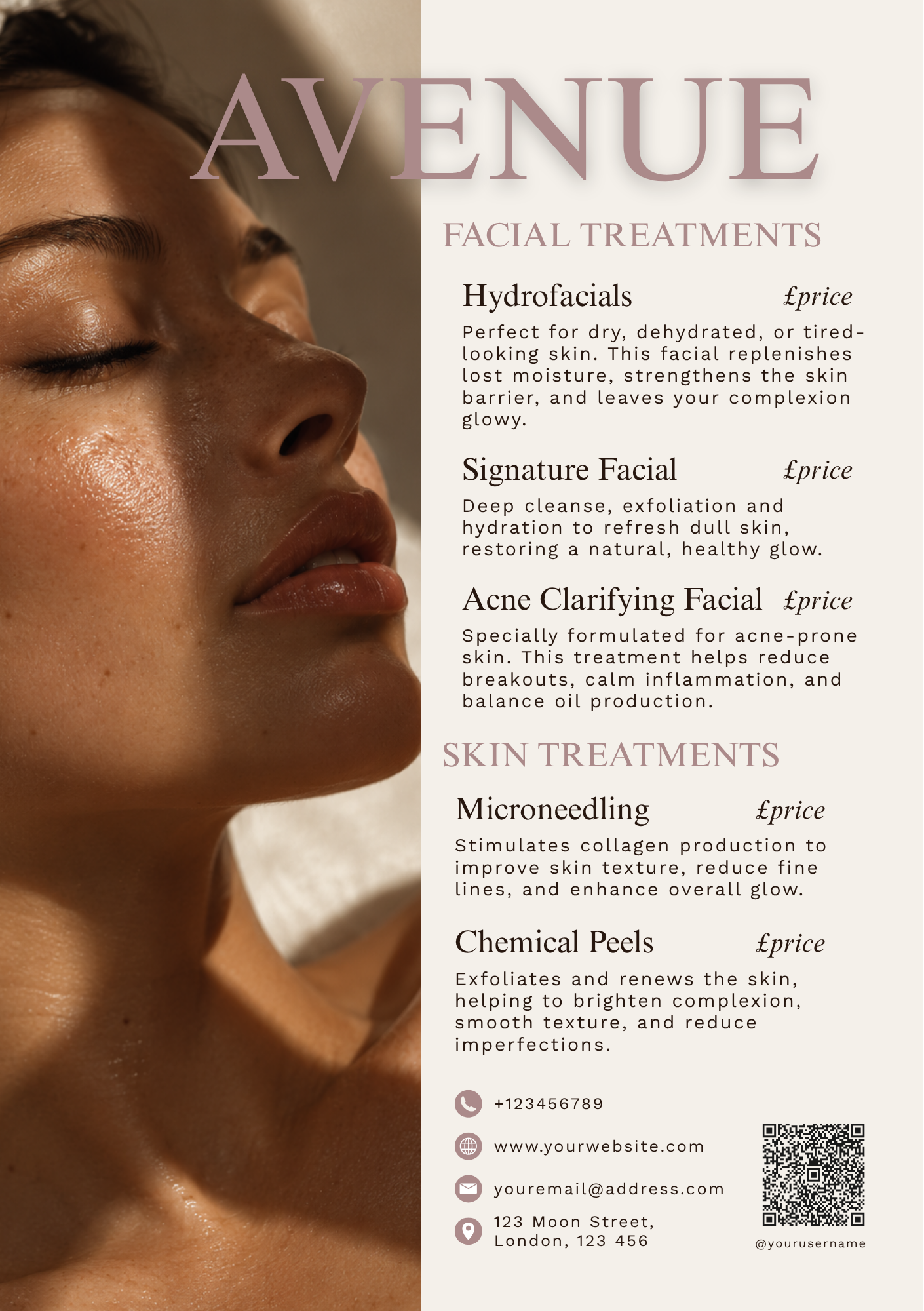 Avenue facial and skin treatment menu featuring a close-up of a woman's glowing skin, with hydrofacials, signature facials, acne-clearing facials, microneedling, chemical peels, and contact details.