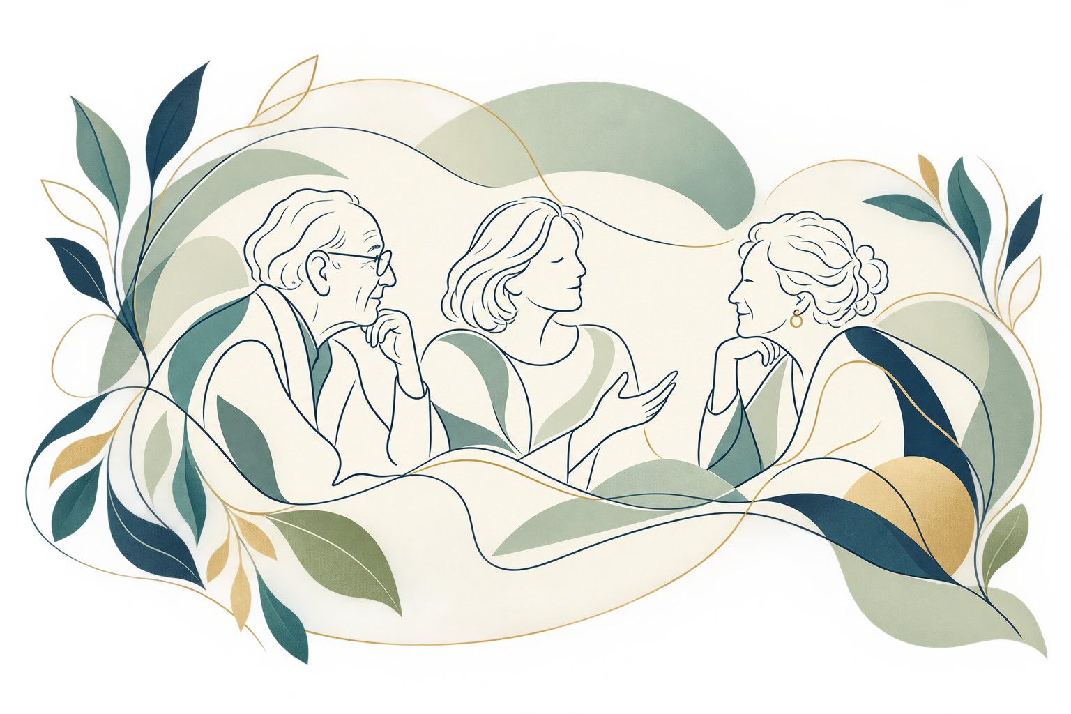 Elegant illustration of three women conversing in a botanical setting
