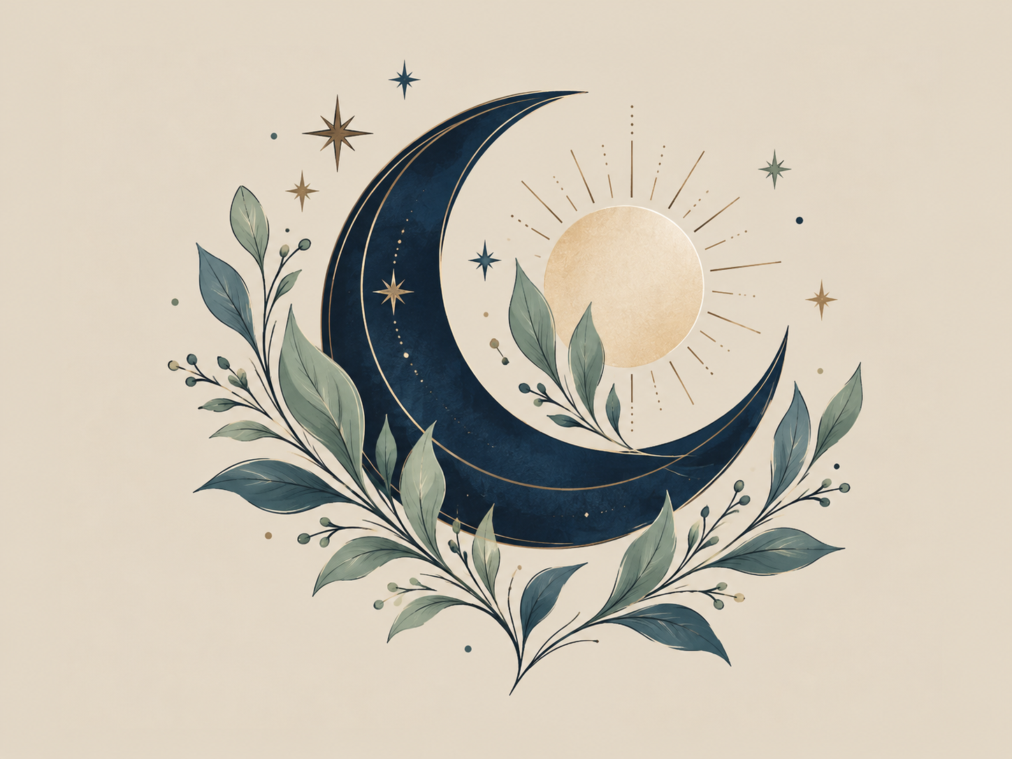Vintage celestial illustration of a dark blue crescent moon, glowing sun, stars, and botanical leaves
