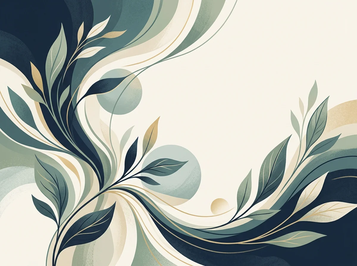 Abstract botanical background with flowing blue-green leaves, cream curves, and muted gold accents