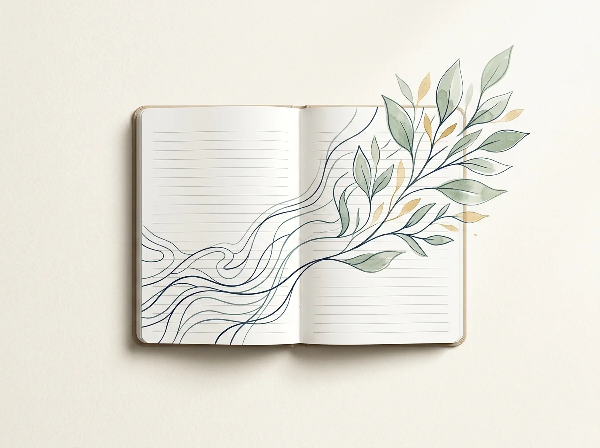 Open lined notebook with elegant botanical leaf and flowing line illustration